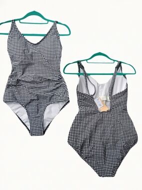 Black/White Textured Gingham One-Piece Swimsuit Full Coverage Bottom Retro 50s